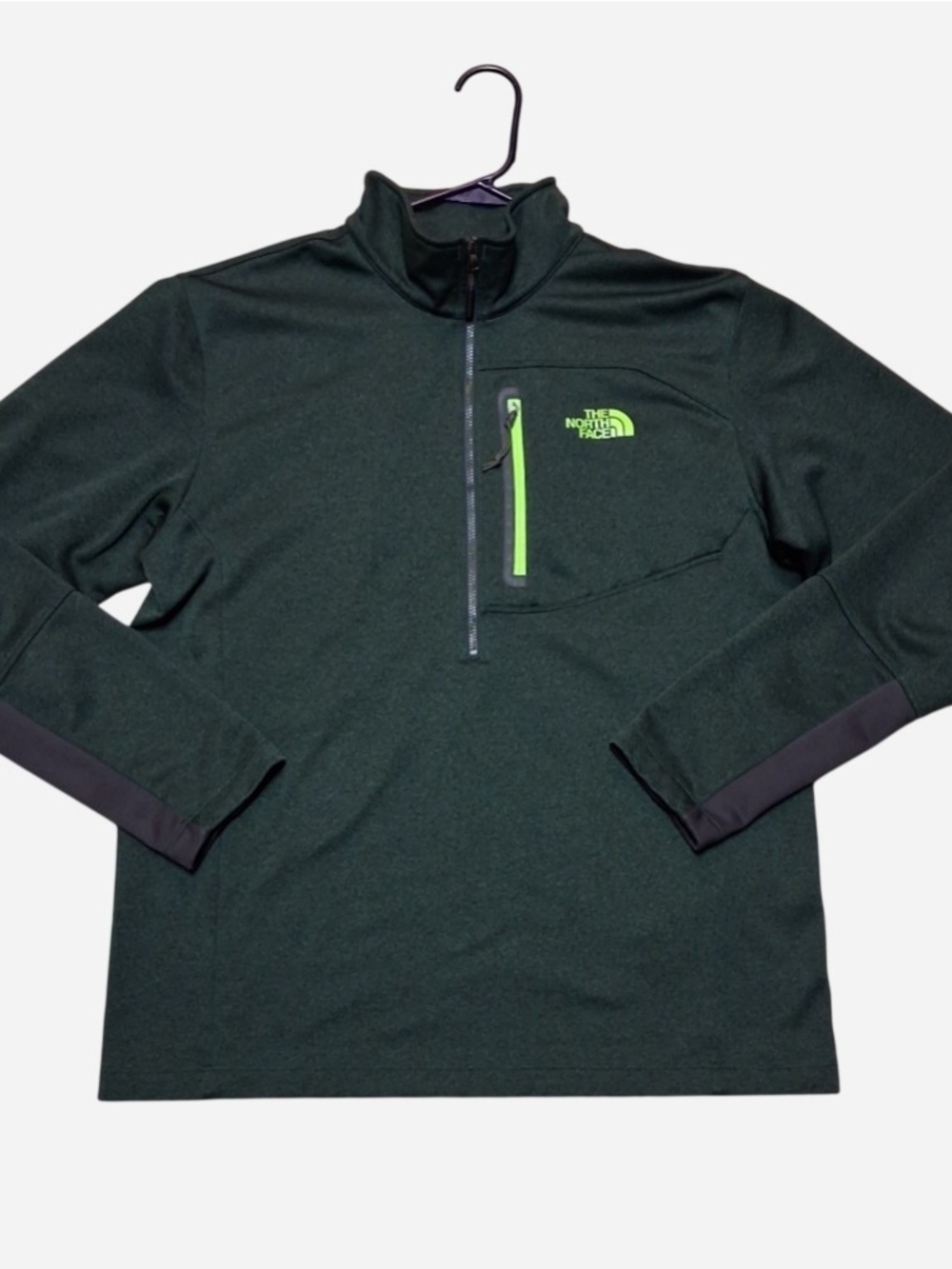 The North Face Men's Forest Green Quarter-Zip Pullover with Neon Green Accent